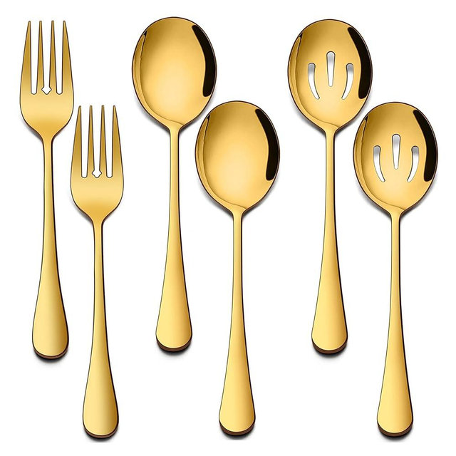 Homikit Stainless Steel Gold Serving Utensils Set of 6, 8.7 Inch Metal Serving Spoons Slotted Spoons Forks Hostess Set for Catering Buffet Party Banquet Restaurant, Mirror Polish, Dishwasher Safe