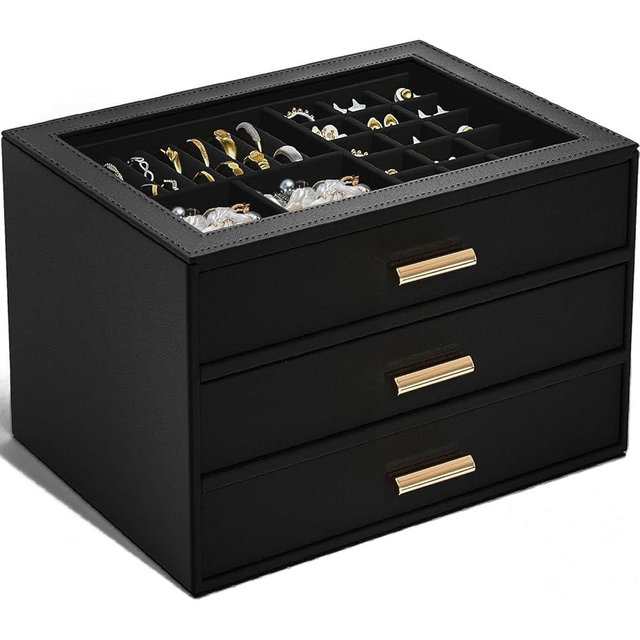 AKOZLIN Jewelry Box with Clear Lid Functional Leather Jewelry Storage Organizer Case 3 Drawers for Women Girls Necklace Ring Bracelet Earring