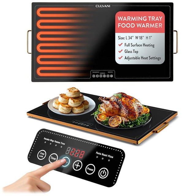 Culvani Large Electric Warming Tray for Food | 31.5"x17.5" Thermaplate Electric Food Warmer for Kitchen & Buffet | 1" Thin Countertop Hot Plate with Touch Controls, Adjustable Temp, Black/Gold Finish