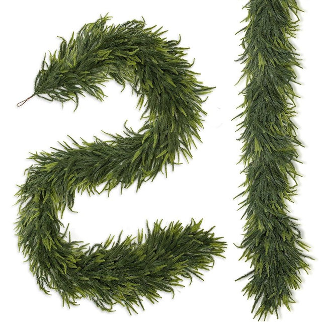 N&T NIETING 2 PCS Christmas Garland Norfolk Pine Garland Real Touch Faux Christmas Greenery Xmas Garland for Mantle, Table Holiday Winter Indoor Outdoor Christmas Decorations (9 FT)