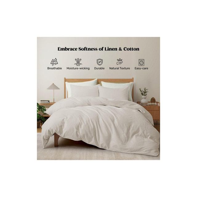 Peace Nest Linen Cotton Duvet Cover and Pillow Sham Set, Breathable and Skin-Friendly Bedding Set, Beige, Full/Queen