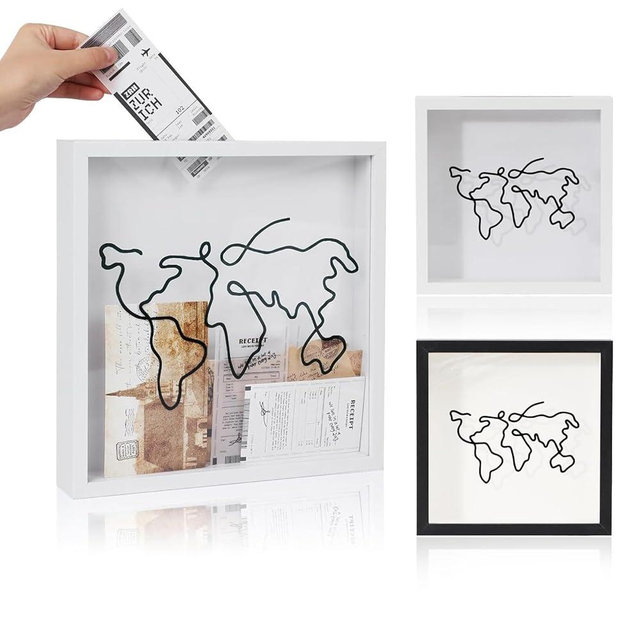 WSAYONPPLE Adventure Travel Shadow Box, Souvenir Memory Box, Slot Travel Adventure File Memory Photo Box, World Map Pattern Design, Concert Music Theater Photography Theater Ticket (White, 8x8)