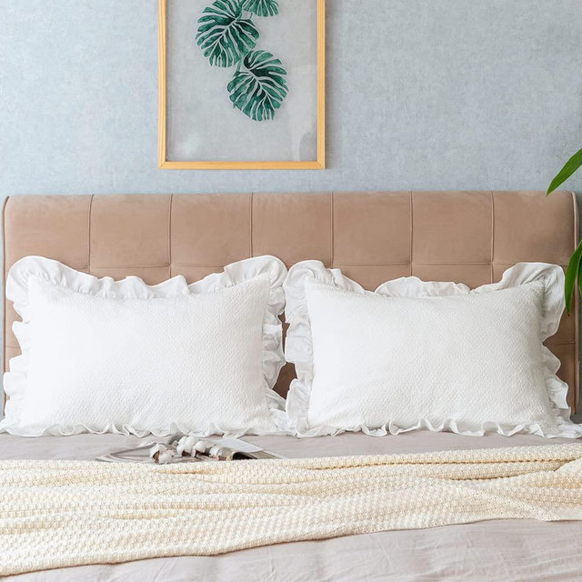 GLORY SEASON Pillow Shams Set of 2 Pure Cotton Champray Ruffled Edge,Thick and Solid Washed Dobby Heavy Fabric (King 20x36 inches)