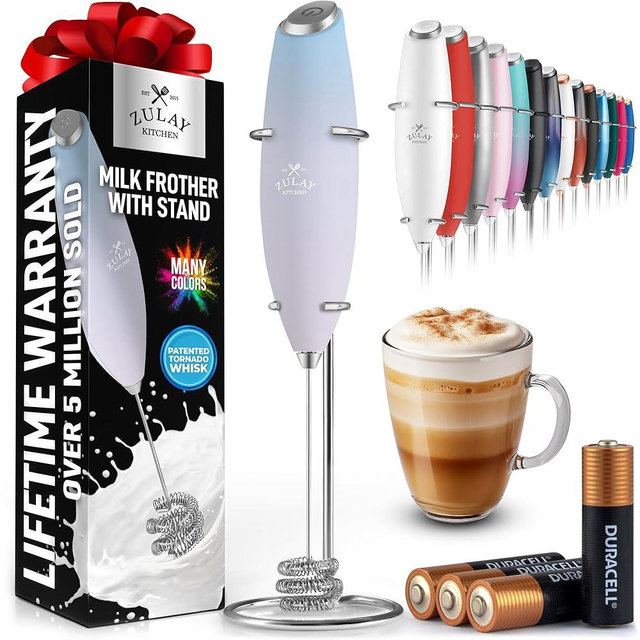 Zulay Kitchen Patented Tornado Triple Whisk Milk Frother with 4 Duracell Batteries – Handheld Foam Maker for Coffee, Lattes, Matcha & Hot Chocolate – Rich, Creamy Froth in Seconds - Sky Cloud