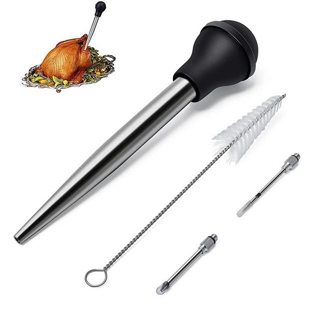 JY COOKMENT Stainless Steel Turkey Baster Baster Syringe for Cooking Meat Injector Set with 2 Marinade Needles 1 Cleaning Brush for Home Baking Kitchen Tool