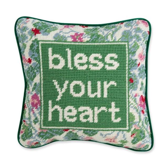FURBISH Handmade Needlepoint Decorative Throw Pillow - Bless Your Heart - 10" x 10" - Small Embroidered Accent Pillow for Bed, Chair, Couch, Sofa - Aesthetic Room Decor