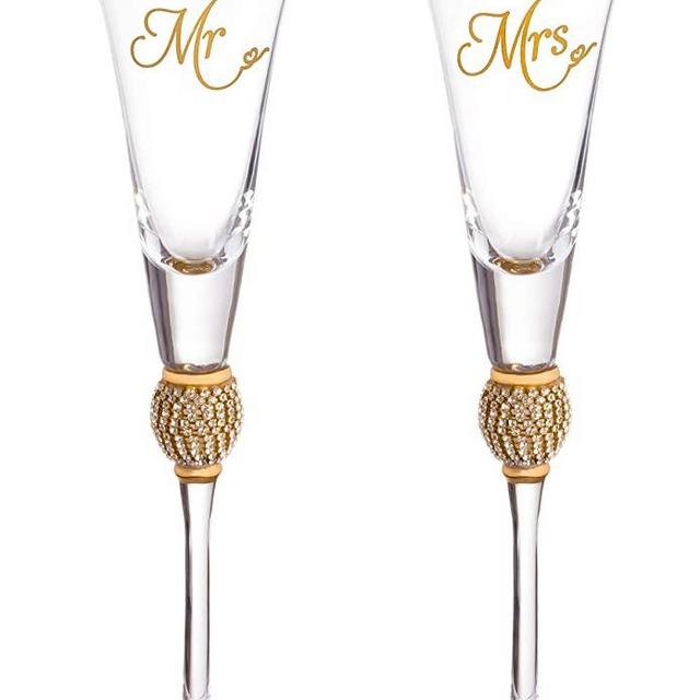 Wedding Champagne Flute - Mr And Mrs Champagne Flute With Gold Rim - Wedding Gift For Couple - Rhinestone Studded Bride And Groom Champagne Glass - Bride Gift - Mr And Mrs Gift Set of 2 By Trinkware