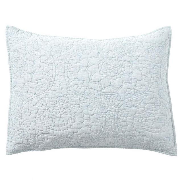 Blue Frost Belgian Flax Linen Floral Stitch Quilted Sham, Standard