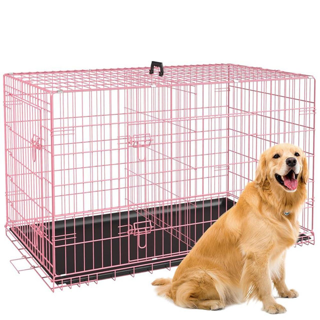 BestPet 42 Inch Dog Crates for Large Dogs Folding Metal Wire Crates Dog Kennels Outdoor and Indoor Pet Dog Cage Crate with Double-Door,Divider Panel, Removable Tray and Handle,Pink