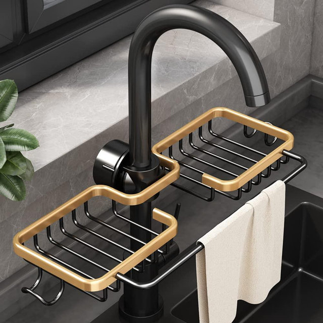 WINGSIGHT Faucet Sponge Holder Kitchen Sink Caddy Organizer Fit 0.71-1.1 inch Diameter Faucet Hanging Drain Rack for Sink Organizer (Double with Dishcloth Rack, Golden)