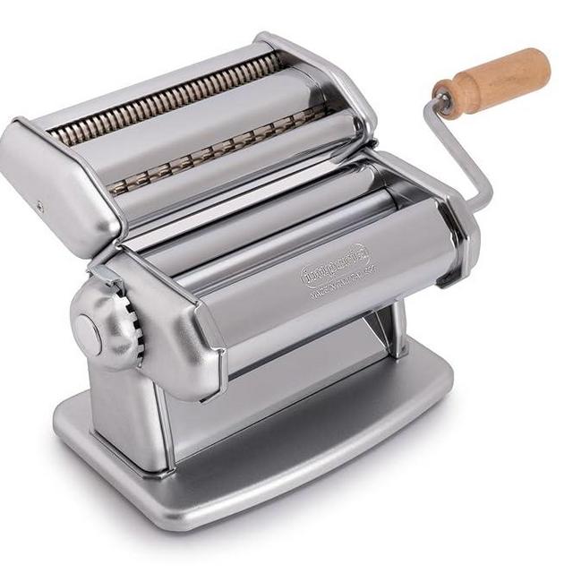 Imperia IPasta Classic Pasta Maker- 100% Made in Italy- Pasta Machine with Durable Steel Construction- Cutter Attachment Accessory for Lasagna, Fettucine & More- Manual Roller w Wooden Handle (Silver)