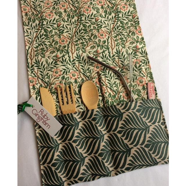 Cutlery Wrap Oilcloth Lined in a Coordinating William Morris Print Cotton- briar rose