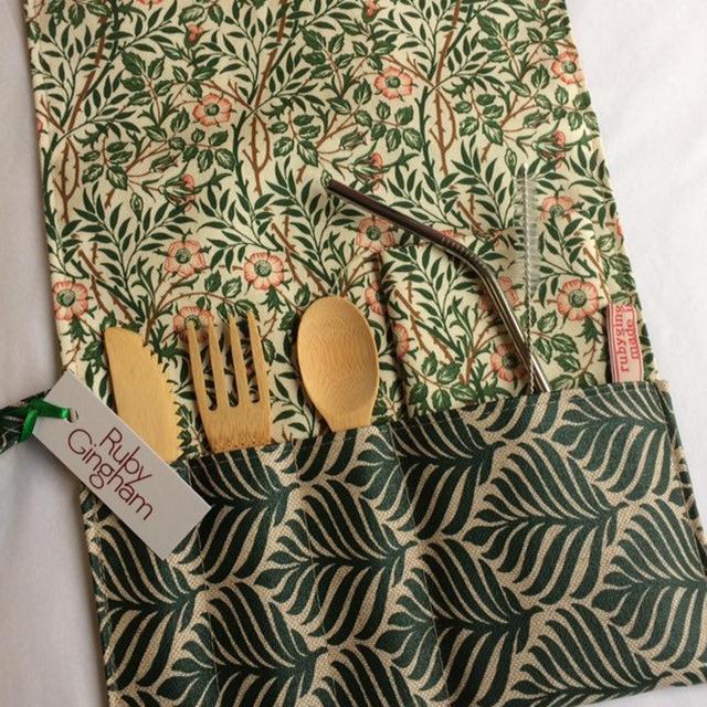 Cutlery Wrap Oilcloth Lined in a Coordinating William Morris Print Cotton- briar rose