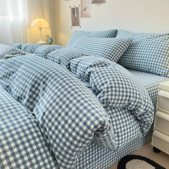 LifeTB Blue Gingham Comforter Set King 3 Pieces Modern Plaid Checkered Pattern Comforter Gingham Bedding Set Fluffy Soft Grid Plaid Bedding Comforter Farmhouse Checkered Comforter Set King Size