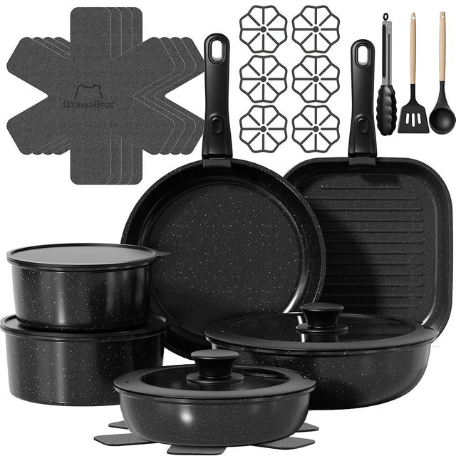 OzawaBear 26 Pcs Pots and Pans Set Non Stick, Ceramic Cookware Set Non Toxic with Detachable Handles, Healthy Induction Cookware Dishwasher Oven Safe RV Kitchen Set, PFAS PFOA & PTFE Free, Black