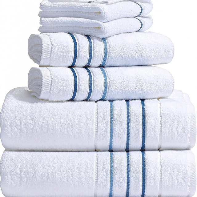 Bath Towel Set_White Towel For Bathroom, Luxury Hotel &Spa Quality, 100% Cotton .Includes 2 Large Bath Towels, 2 Hand Towels and 2 Washcloths.Super Soft, Absorbent & Decorative (White/Azure Blue)