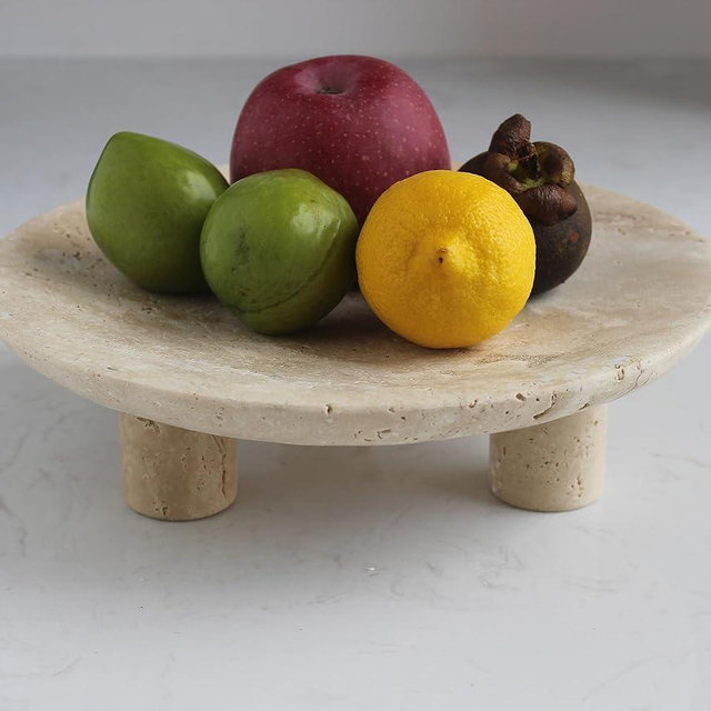 Nawgnail Handmade Travertine Fruit Bowl for Kitchen Counter 10", Large Decorative Bowl for Home Decor, Modern 3-Legs Serving Plate, Key Bowl for Entryway