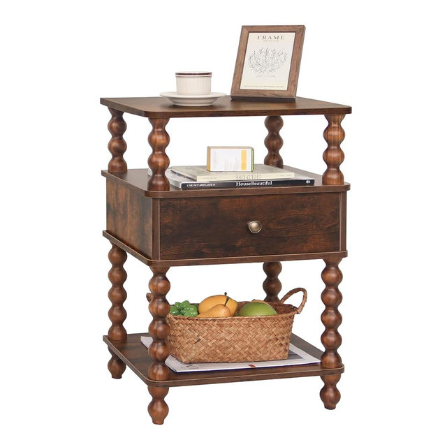 AWASEN Night Stand, Bed Side Table Bedroom with Drawer, 3-Tier Small Nightstand End Table with Storage for Small Spaces &Solid Wood Spindle Legs, Rustic Brown