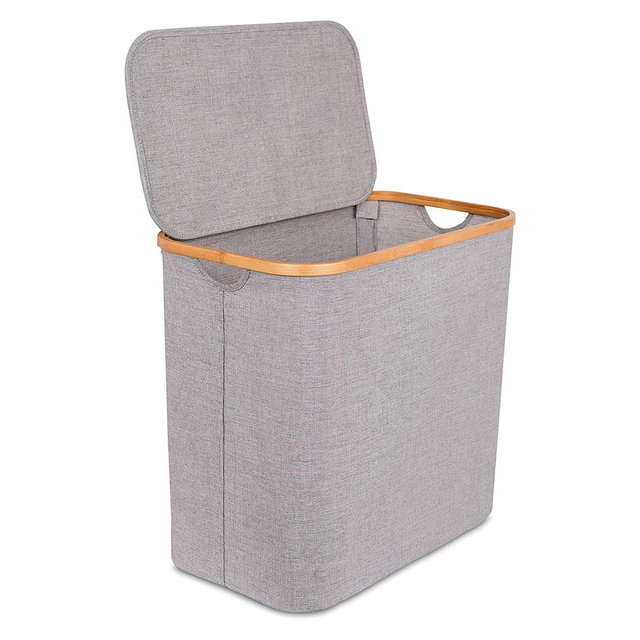 BirdRock Home Bamboo & Canvas Hamper with Cut Out Handles - Grey