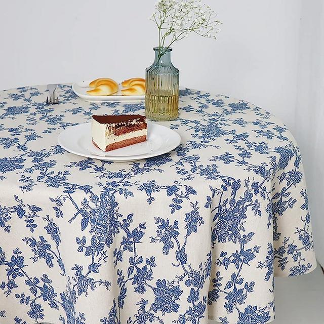 Wracra Cotton Linen Vintage Round Tablecloth Floral Pastoral Table Cloth Washable Table Cover for Indoor&Outdoor,Farmhouse Decor,Picnic,Tabletop Decoration (Blue Floral, Round 55")