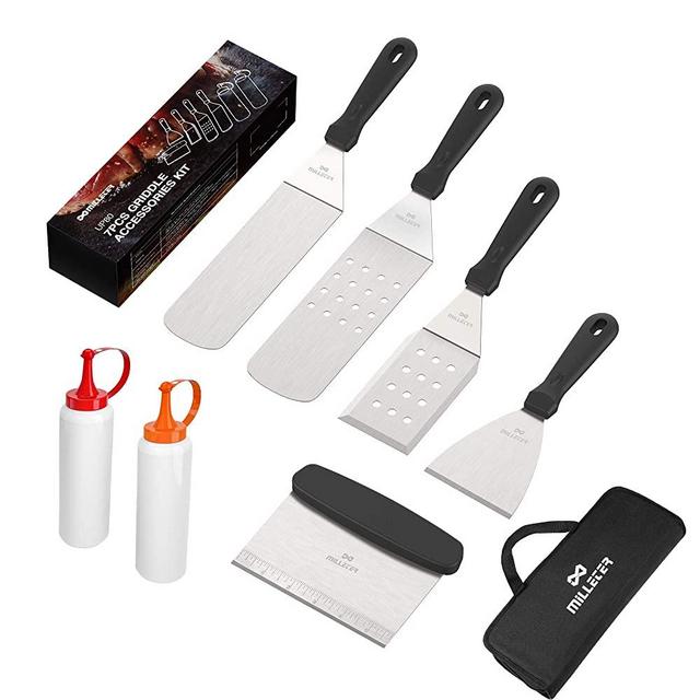 Griddle Accessories Kit, 7-Pieces BBQ Griddle Utensil Set, Professional Flat Top Grill Cooking with Scraper, Spatula Turner, Knife Spatula, Oil Bottles Great for Outdoor BBQ, Teppanyaki and Camping
