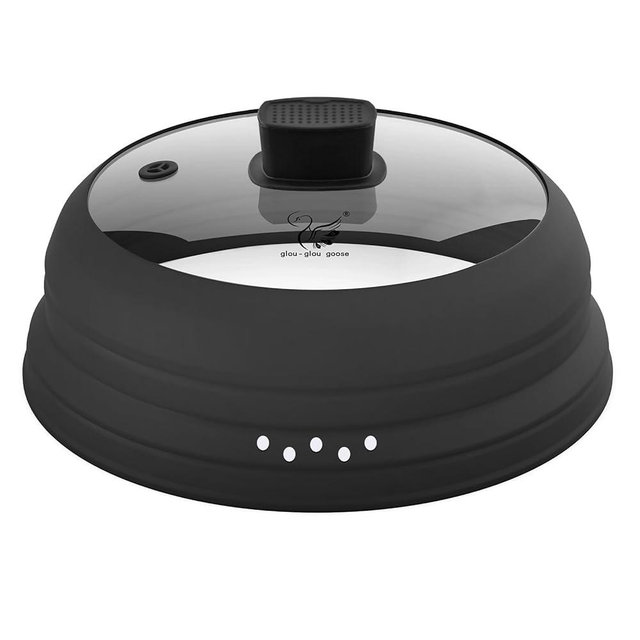 Microwave Splatter Cover Glass Cover Guard Lid with Collapsible Silicone for Food Pot Plate Cover 10.8 inch Black