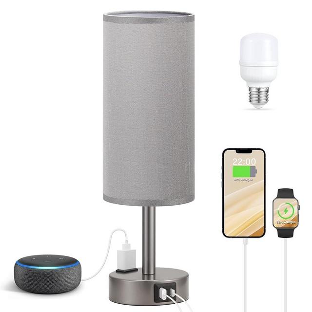 Fenmzee Grey Bedside Table Lamp for Bedroom - 3 Way Dimmable Touch Lamp USB C Charging Ports and AC Outlet, Small Lamp for Living Room, Desk, LED Bulb Included