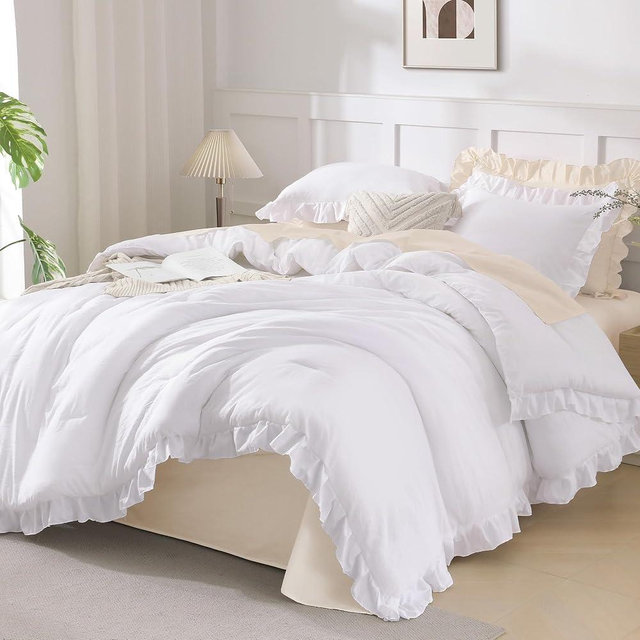 Andency White Ruffle Comforter Oversized Queen(98x98Inch), 3 Pieces(1 Ruffled Comforter and 2 Pillowcases) Solid Farmhouse Shabby Chic Bed, Vintage Rustic Soft Microfiber Bedding Set