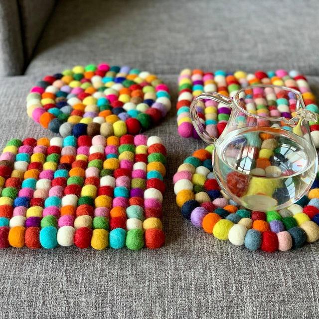 Rainbow Felted Trivet, Felt Ball Trivet, Wool Felt Potholder, Rainbow Potholder, Kitchen Decor, Table Decoration, Home Decor