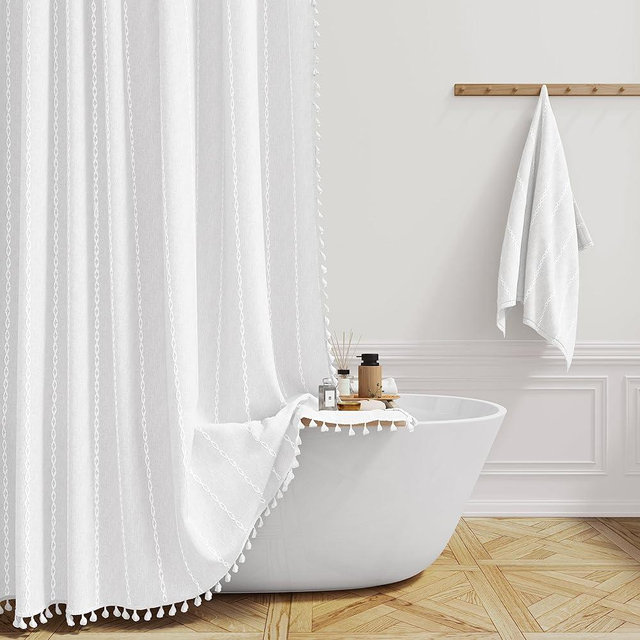 BTTN Stall Fabric Shower Curtain - 54x72 Inches Boho Linen Weighted Striped Shower Curtain Set with 10 Hooks, Narrow Rustic Modern Farmhouse Neutral Thick Cloth Shower Curtains for Bathroom - White