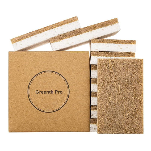 GREENTH PRO 10 Pack Nature Dish Sponge - Natural Kitchen Sponge - Eco Friendly Coconut Fiber and Wood Cellulose Scrubber Sponge