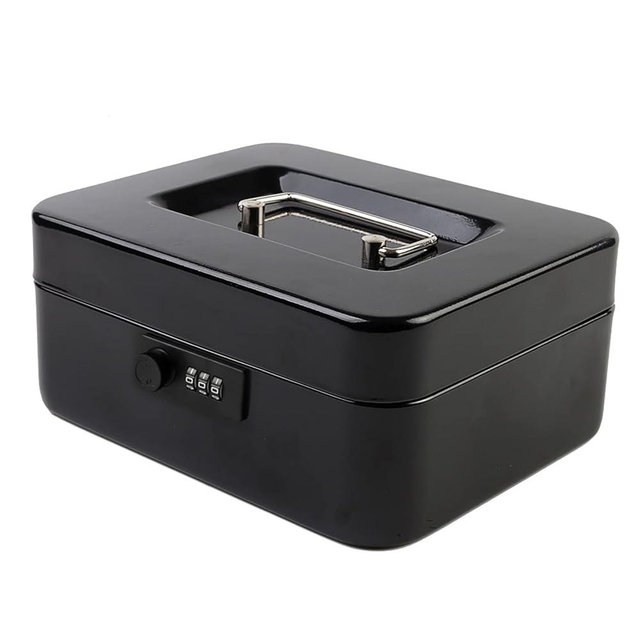 KYODOLED Medium Metal Cash Box with Combination Lock Safe and Money Tray for Security 7.87"x 6.30"x 3.54" Black