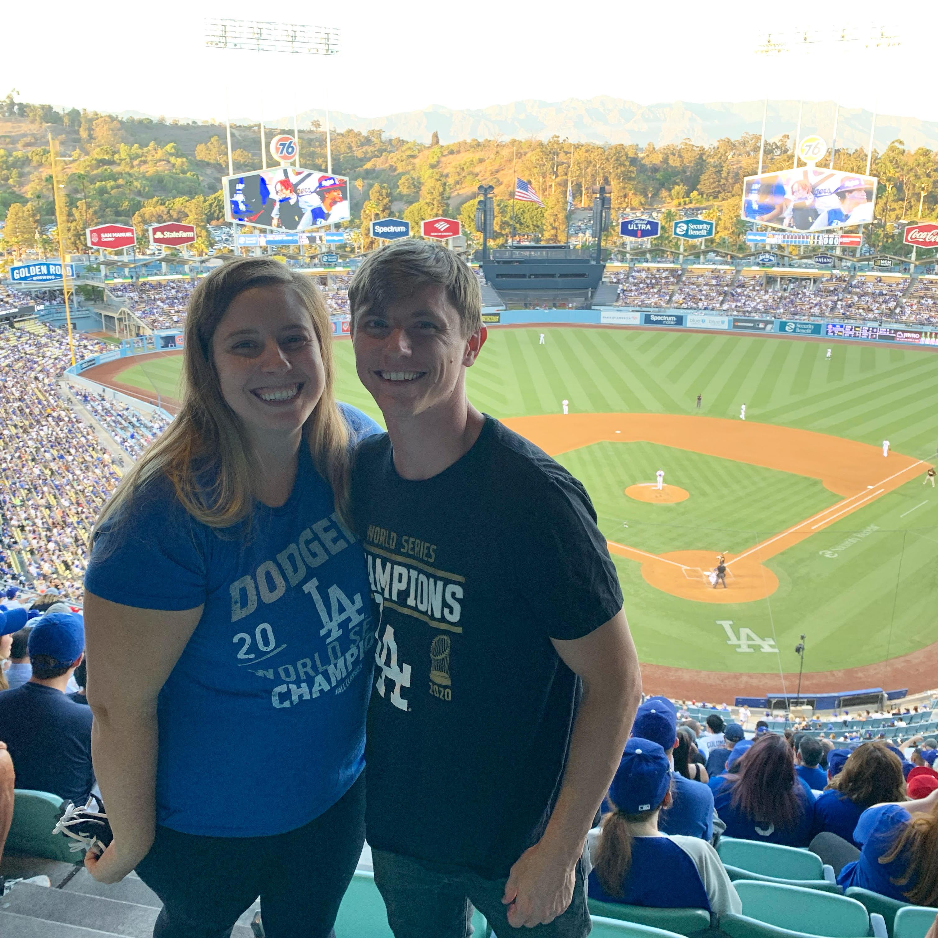 Partaking in one of Rachel's interests--attending a Dodgers game