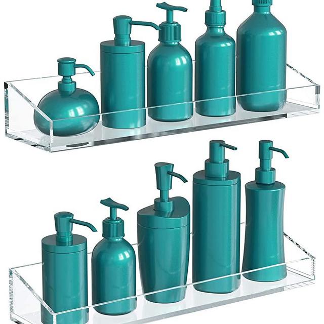 Vdomus Acrylic Bathroom Shelves, Wall Mounted Non Drilling Thick Clear Storage & Display shelvings, 2 Pack