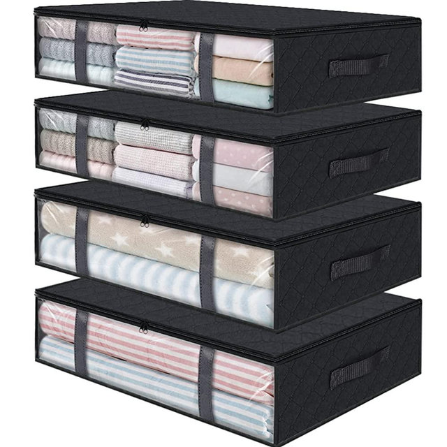 StorageRight Storage Bins Clothes Storage, Foldable Blanket Storage Bags, Under Bed Storage Containers for Organizing, Clothing, Bedroom, Comforter, Closet, Dorm, Quilts, Organizer, 4-Pack Black
