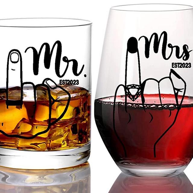 comfit Engagement Gifts for Couple - Funny Bridal Showeer Gifts,Wedding Gifts for New Couple,Finger Wine&Whiskey Glass,Valentines Day Gifts for Mr Mrs ,Newlywed,His and Hers18.5,13.8OZ
