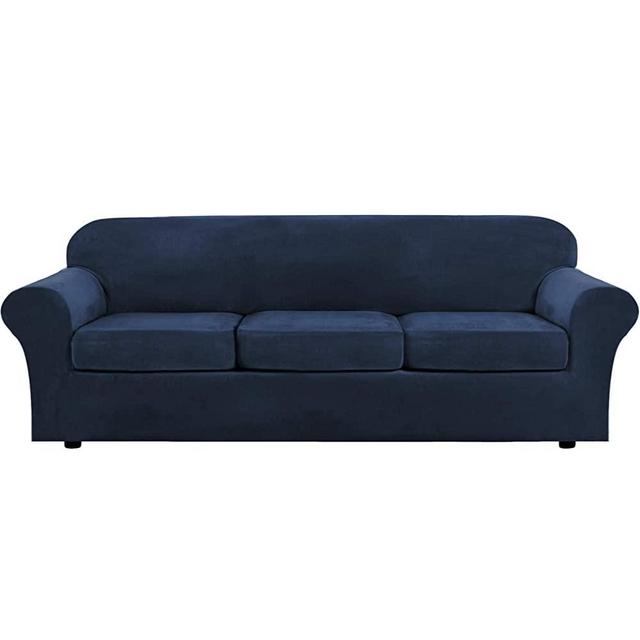 Modern Velvet Plush 4 Piece High Stretch Sofa Slipcover Strap Sofa Cover Furniture Protector Form Fit Luxury Thick Velvet Extra Large Sofa Cover for 3 Cushion Couch(XL Sofa, Navy)