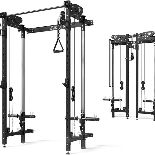 Mikolo Folding Squat Rack, Wall Mounted Power Rack with Cable Crossover Machine & LAT Pull Down, Functional Trainer with 5 Adjustable Function Modes, for Home Gym and Space Saving