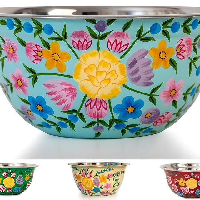 Large Hand Painted Stainless Steel Fruit Bowl - Decorative Floral Salad Mixing and Serving Bowl - Traditional Kashmiri Art for Home Decor (Turquoise)