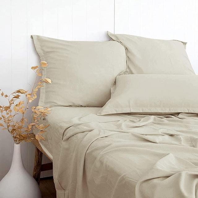 PANDATEX Ultra Comfortable Linen Textured 55% Bamboo 45% Cotton Sheets Set, Natural Linen Color Queen Size, Cool & Moisture Wicking Breathable & Durable, Naturally Organic Fit Mattress 16" Deep Pocket