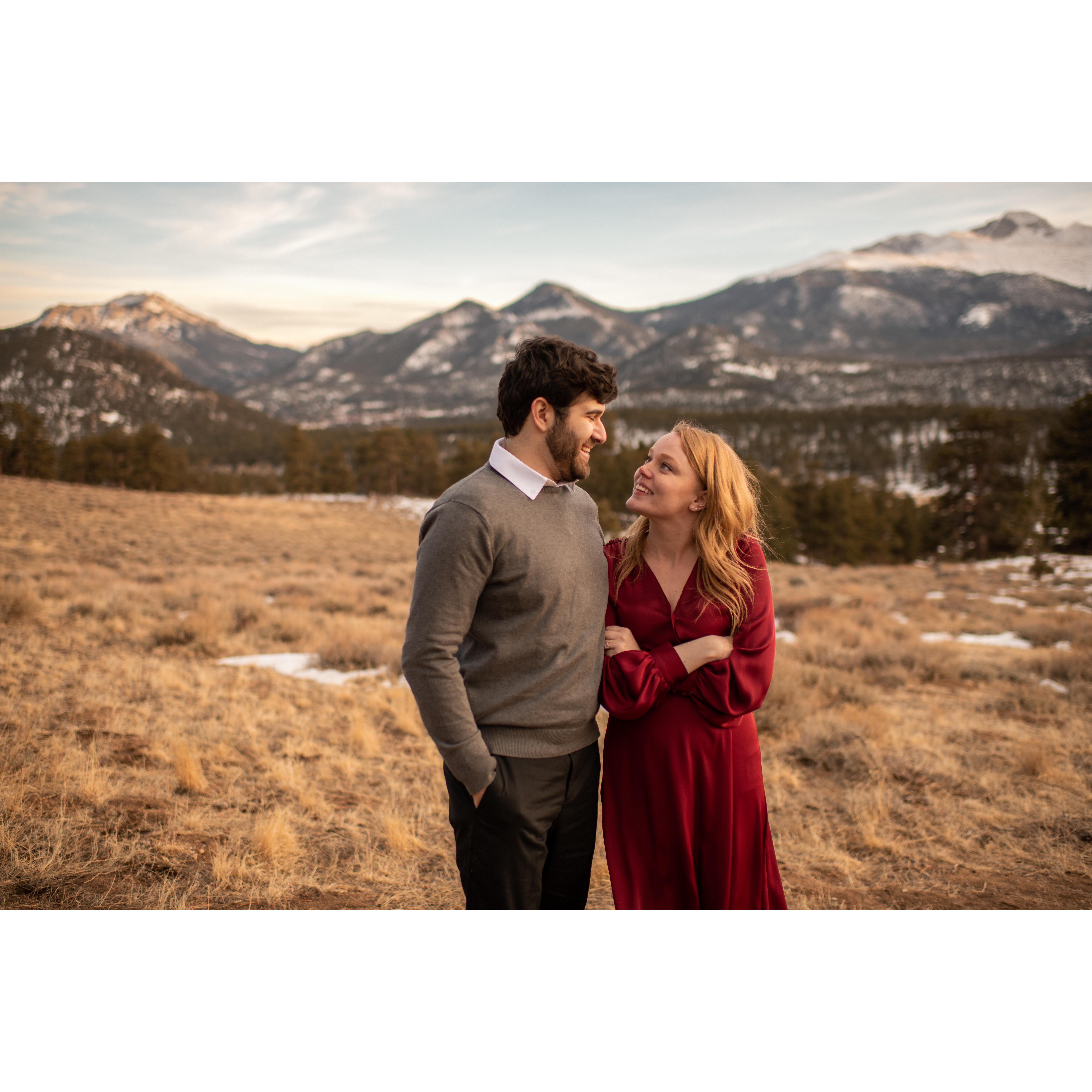 We took our engagement photos in Rocky Mountain Park in March of 2021. The weather was a crisp 45 degrees!