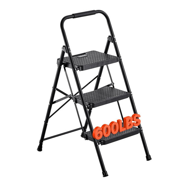 VEVOR 3 Step Ladder, Folding Step Stool with Wide Anti-Slip Pedal and Comfort Handgrip, Lightweight 600 lbs Capacity Portable Steel Ladder, Multi-Use for Kitchen, Home, Household and Office, Black