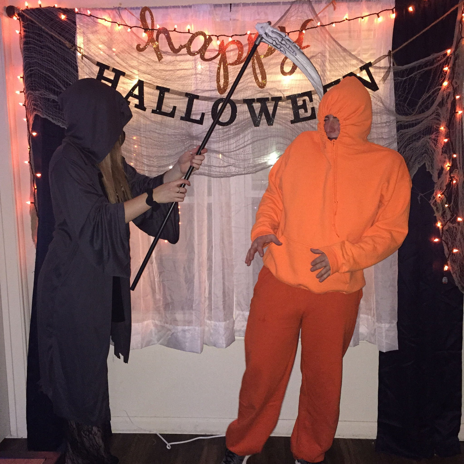 Carlee threw a Halloween party at her apartment and Carlee is Death and Austin is Kenny from South Park