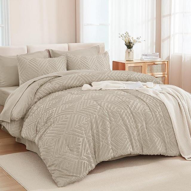 Andency King Size Comforter Set 7 Pieces Oatmeal - Bed in a Bag King Boho Lightweight Fluffy Tufted Bedding Sets with Comforter, Sheets, Pillowcases & Shams