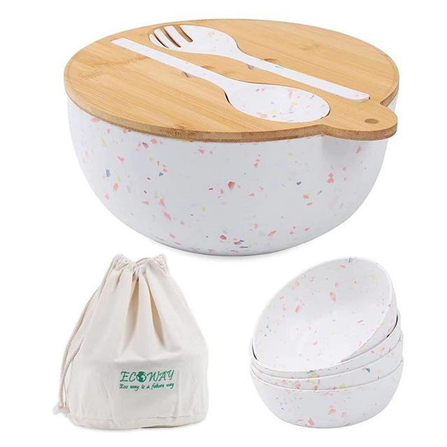 ECOWAY Multi Marbling Colored Spots Salad Bowl set with Servers-9.8 Inches Large Bowl with Bamboo Lid, 4 Small Serving Bowls,Bamboo Lid Insets Spoon and Spork-Fruits, Salads, Pasta and Vegetables