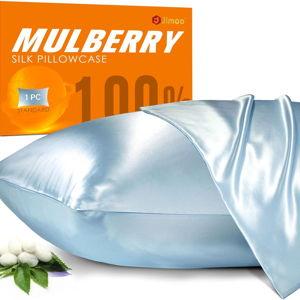 100% Mulberry Silk Pillowcase for Hair and Skin, 22 Momme Pure Natural Silk Pillow Case Both Sided with Zipper, Pillow Cover for Women Mom Men (Light Blue, Queen 20''×30'')