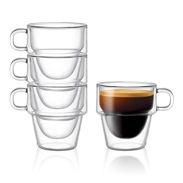 Stoiva Double Wall Insulated Espresso Glass Cups – 5 oz. (150 ml) Espresso Shot Glass Cup with Handle – Stackable Thermal Clear Glass Cups, Ideal Fit for Espresso Machine and Coffee Maker – Set of 4