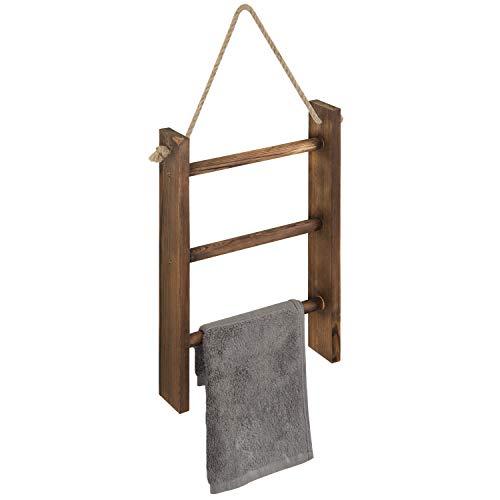MyGift 3-Tier Rustic Wood Wall-Hanging Towel Ladder with Rope, Dark Brown, 16 x 10 Inch