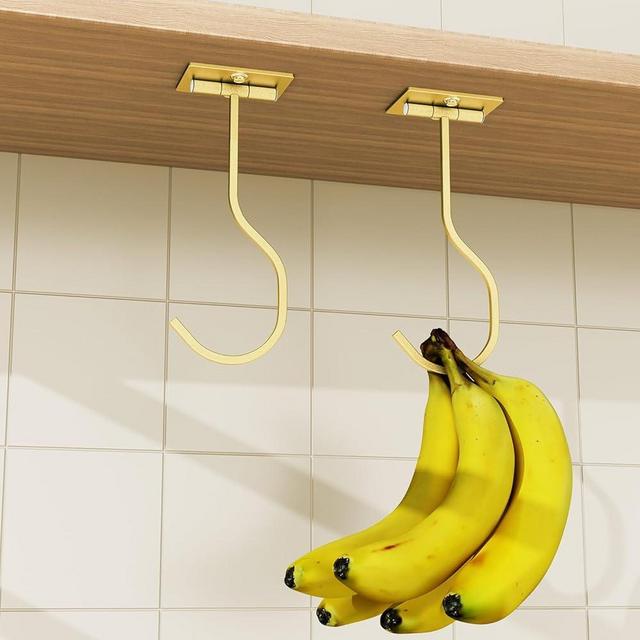 2-Pack Self Adhesive Banana Hook, Metal Banana Hanger Hook,Under Cabinet Hook For Bananas Or Other Kitchen Items, Foldable Banana Hook, Folds Up With Magnets When Not In Use, Keep Bananas Fresh,Gold