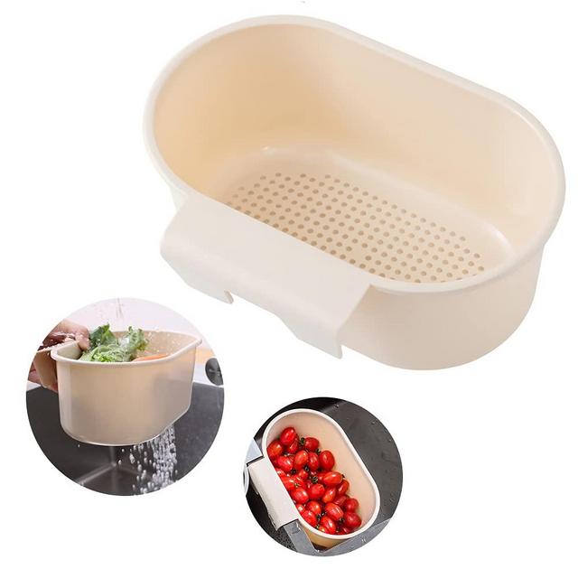 Kitchen Sink Drain Strainer Basket Compost Corner Sink Swan Strainer Basket Hanging Sink Corner Colander Triangle Multifunction Kitchen Sink Food Catcher Basket Waste Filter Wash Fruit(Beige)